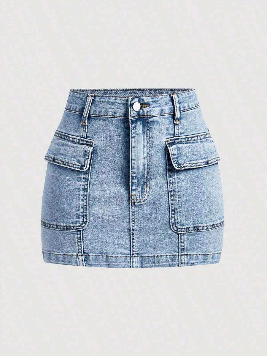 Minifalda de mezclilla cargo con bolsillo tipo flip de moda callejera casual de verano para mujeres - Azul - Ver 1