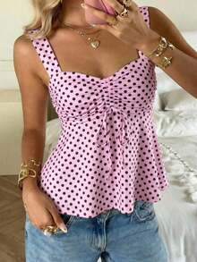 Nueva Colección Primavera/Verano 2026 para Mujer: Blusa/Top sin Mangas con Volantes y Cordón Ajustable, Estampado de Lunares Amarillo Buttercup y Marrón, Estilo Casual y Versátil, Top de Verano - Rosa - Ver 1
