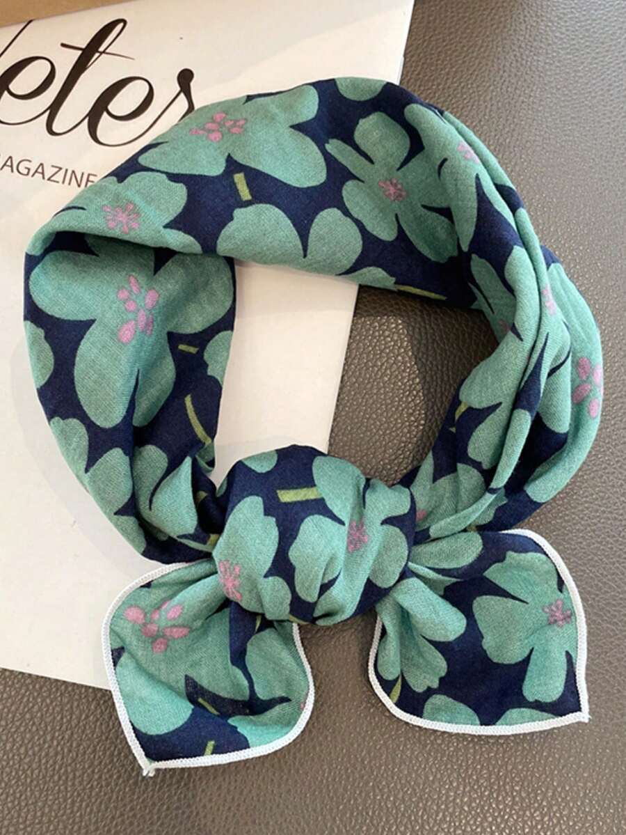 Ditsy Floral Pattern Silk Scarf, Versatile Cartoon Headscarf, Fashion Neck Warmer Scarf For Women - Mint Green - View 1