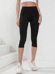 Mallas Capri de cintura alta para mujer, pantalones de Yoga para Fitness, Control de barriga - Negro - Ver 2