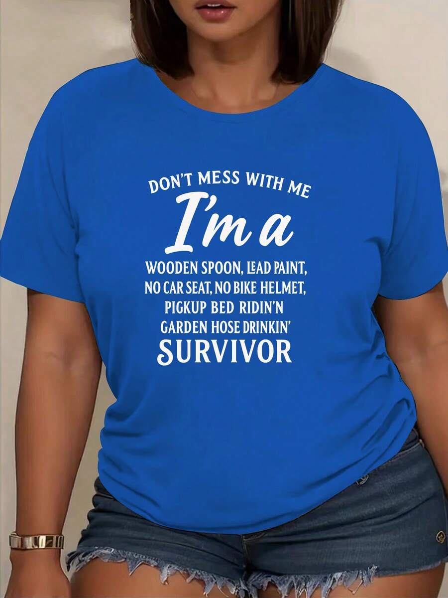 Limited Edition: Women's T-Shirt With The "Don't Mess With Me, I'm A Survivor" Print, Made Of Breathable, Soft, And Medium-Stretch Fabric, Machine Washable. Suitable For Spring And Summer, This Casual Crew Neck T-Shirt Is Perfect For Shopping, Vacations, And Outings. Lightweight Cotton. - 藍色 - 查看 1
