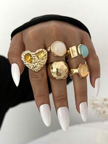 Set de 5 anillos de metal con gemas de resina geométricas asimétricas de estilo vintage y elegante bohemio, adecuado para apilar diariamente - Dorado - Ver 2