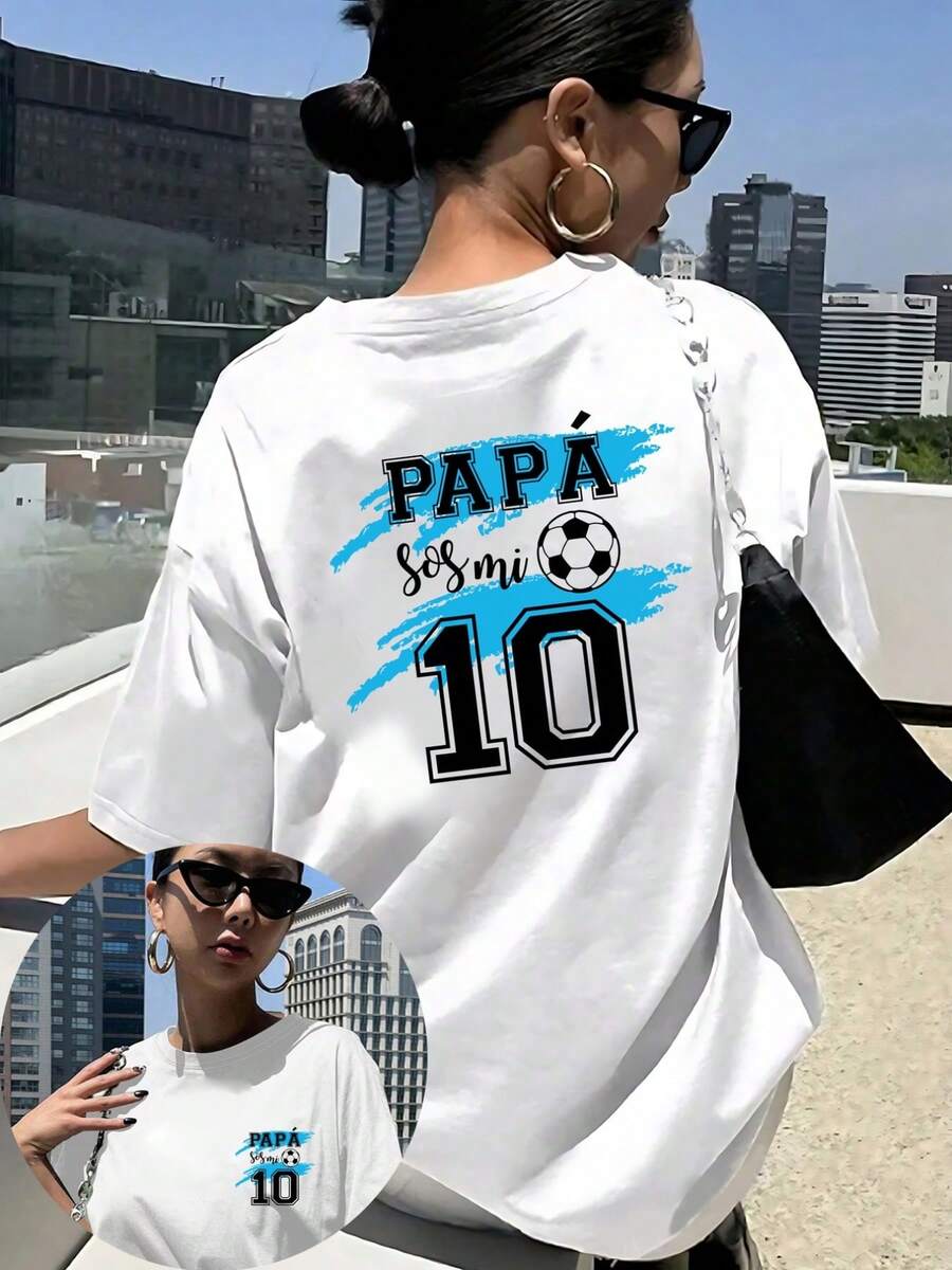 Summer T-Shirts - Women's Number 10 Soccer T-Shirt - Double-Sided Print Soccer Theme For Dad, Short-Sleeved Top With Round Neck, Skin-Friendly, Suitable For Spring/Summer/Autumn, Casual Soccer Theme Gift For Moms And Dads, Machine Washable, Classic Design, Cotton T-Shirt, Classic Argentina Number 10 T-Shirt. - White - View 1