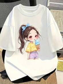 Nuevo Estilo de Verano 2026, Camisa Holgada para Hombre, Transpirable, Nueva Camisa de Verano para Mujer con Bonito Diseño de Estampado de Dibujos Animados, Cuello Redondo, Mangas Cortas y Tela de Algodón. 100% algodón, adecuada para uso casual en la calle y para salidas. - Blanco 2 - Ver 1