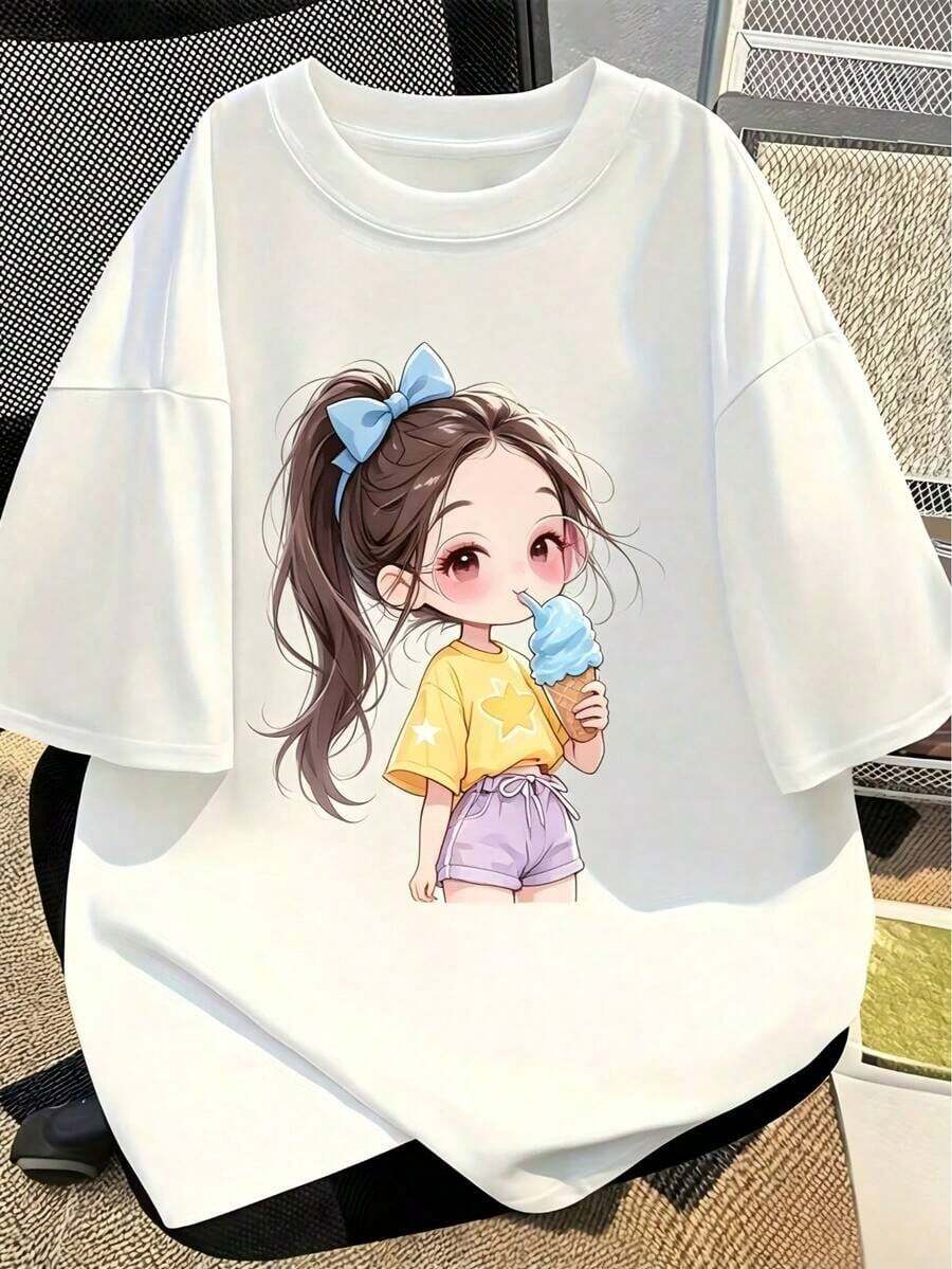 Nuevo Estilo de Verano 2026, Camisa Holgada para Hombre, Transpirable, Nueva Camisa de Verano para Mujer con Bonito Diseño de Estampado de Dibujos Animados, Cuello Redondo, Mangas Cortas y Tela de Algodón. 100% algodón, adecuada para uso casual en la calle y para salidas. - Blanco 2 - Ver 1