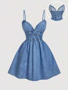MOD Vestido de verano de mujer de mezclilla con volantes y fruncido en la cintura, vestido de tirantes elásticos de mezclilla azul para vacaciones de verano, vestidos de verano para mujer, atuendos de playa para mujer, vestimenta casual de negocios para mujer, atuendo para conciertos de country, atuendos de cumpleaños para mujer, vestimenta occidental para mujer, vestidos casuales para mujer, atuendo para conciertos de mujer, vestidos azules elegantes y clásicos, atuendos de Hawái para mujer, atuendos para brunch para mujer, vestidos para fiestas de mujer, vestidos de graduación para mujer, vestidos de verano para vacaciones, vestido de mezclilla azul - Lavado ligero - Ver 6