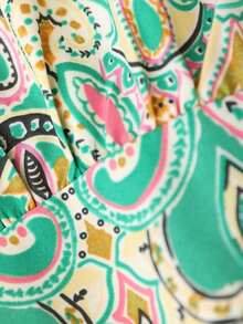 Vestido corto de verano con estampado de paisley, volantes y cinturón, estilo vacaciones, estilo bohemio, vestido mini con escote en V, estampado floral y volantes, vestido rosa con estampado de flores, vestido mini de línea A con estampado flora - Verde - Ver 10