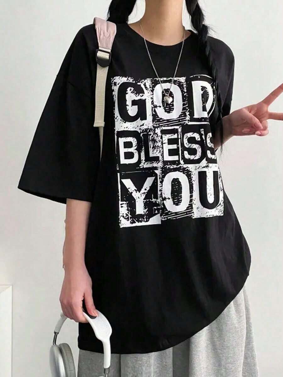 Women's Short-Sleeved T-Shirt, Round Neck, Loose Fit For Summer - 黑色 - 查看 1