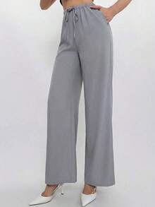 Conjunto de top halter y pantalones de color café claro, estilo sencillo para ir al trabajo - Gris Claro - Ver 3