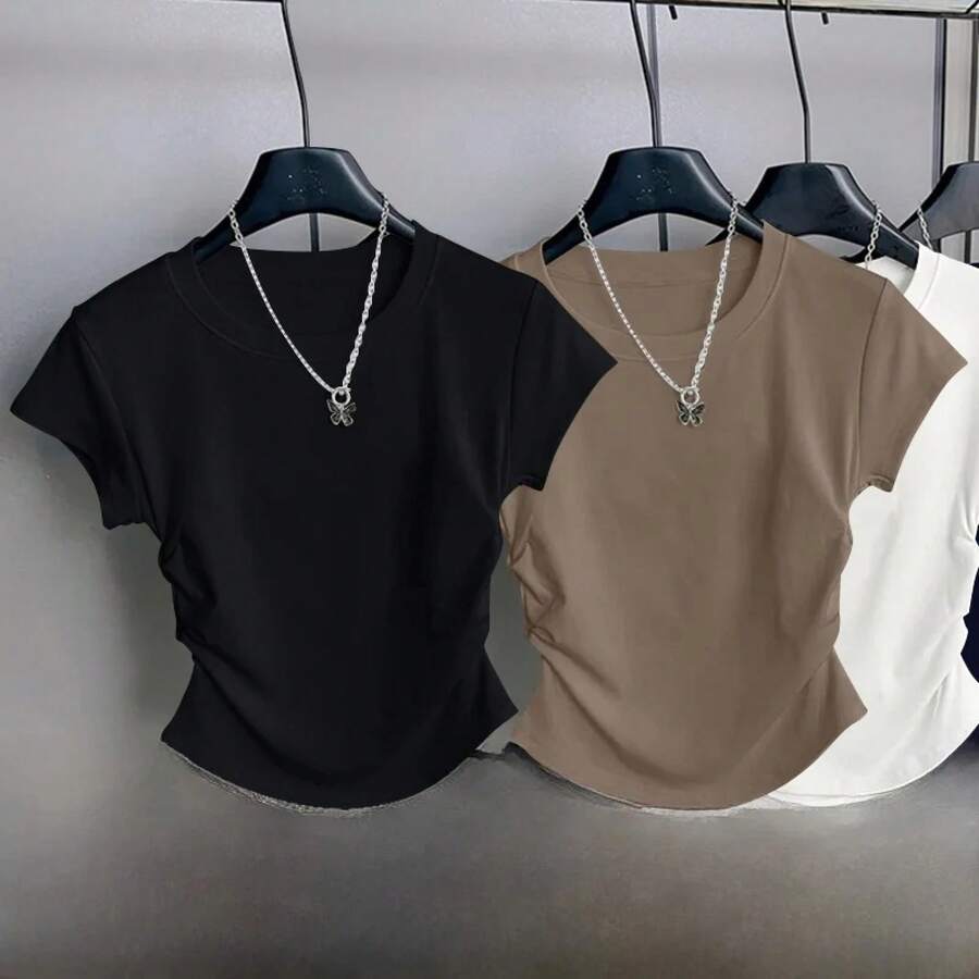 Cseta de manga corta para mujer 2025: Nueva moda de verano con diseño ceñido a la cintura, top versátil que estiliza la fi... - Negro + Moca - Ver 1