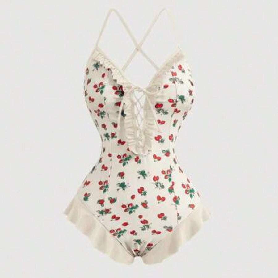 MOD Ruffle Patchwork Front-Tie Strawberry Print Contrast Color One-Piece Swimsuit, Cute, Kawaii - Beis - Ver 1