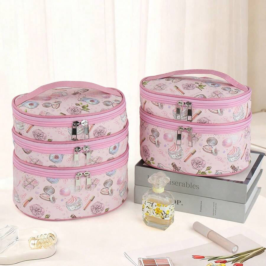 Túi đựng mỹ phẩm in họa tiết 3 lớp + 2 lớp, chất liệu vải bền chắc, kiểu dáng sang trọng, có quai xách, thích hợp cho phụ nữ khi đi du lịch để sắp xếp đồ dùng trang điểm/chăm sóc da.