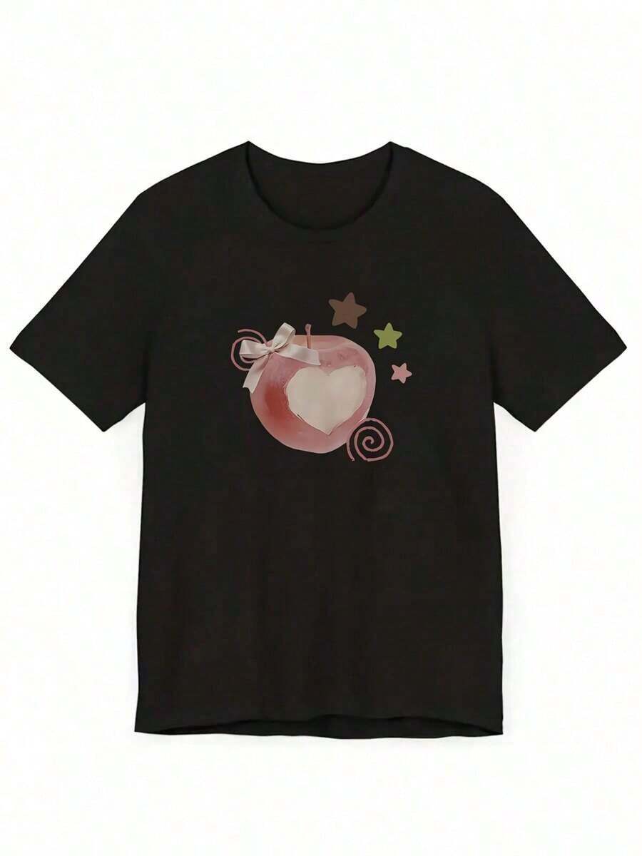 1 Piece Of Short-Sleeved T-Shirt With Small Apple Print, Casual Style - Knit Fabric, Perfect Choice For Summer, Comfortable Women's Fashion - Soft And Breathable, Suitable For Casual Daily Wear, Blouses For Women, Holiday Sets For Women, 180g 100% Cotton. - 黑色 - 查看 1