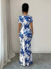 Vestido de verano de manga corta para mujer, vestido de vacaciones con estampado digital, vestido de playa y vacaciones con bajo con abertura, vestido largo con fruncido en la cintura - Azul - Ver 2