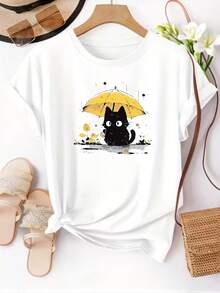 Short-Sleeved T-Shirt With Cat And Yellow Umbrella Print, Round Neck Top For Women, Casual T-Shirt, Suitable For Daily Wear In Spring/Summer, Women's Clothing - Lightweight. - 白色 - 查看 12