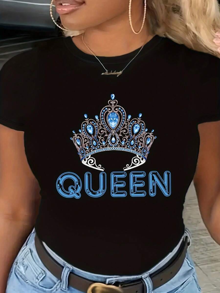 Playera de Cuello Redondo con Estampado de de Reina en Azul, Manga Corta, para Todas las Temporadas - Negro - Ver 1