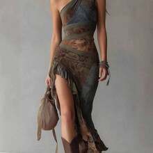 2026 New European And American Style Retro Patchwork Printed Asymmetrical Long Dress Slim Fit High Slit Dress - 印刷顏色 - 查看 5