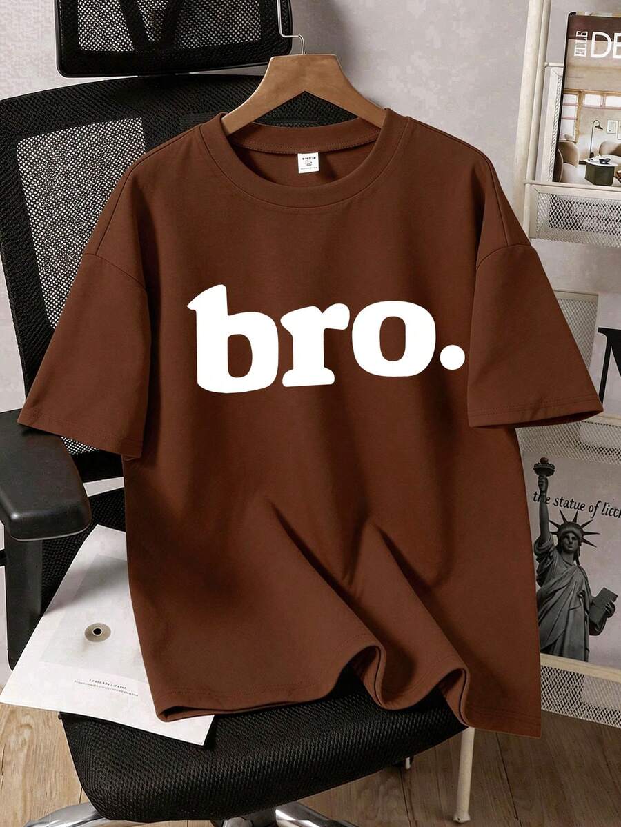 1pc Personalized Letter Print T-Shirt For Older Kids & Teenagers, Boys Casual Loose Fit Short Sleeve Tee, Perfect Summer Gift For School & Outdoor, Spring/Summer - Brown - View 1