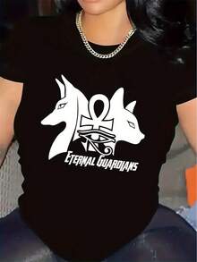Camiseta de Verano para Mujer - Diseño Moderno con Patrón de Anubis, Manga Corta, Cómoda y Elegante - Negro - Ver 12