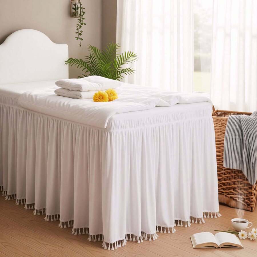 1pc Dorm Bed Skirt With Small Tassels, Adjustable Elastic Band Design, Suitable For Dorm Bedding Set, Customizable Heights: 32", 36", 42", 50" Adjustable Bed Skirt And Box Spring Cover. Soft, Durable, Wrinkle-Resistant Fabric - Made Of Premium Microfiber, Dustproof Pleated Style, Fade-Resistant, Machine Washable. - Small Tassel TwinXL 46" Drop - View 1