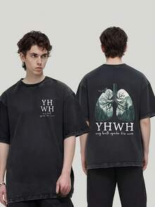 Camiseta de manga corta lavada para hombre YHWH con estampado de pulmones, camiseta casual holgada de color gris oscuro; diseño de patrón único, adecuada para uso diario - Camiseta unisex de algodón holgada de manga corta con cuello redondo de estilo vintage urbano. - Negro - Ver 1