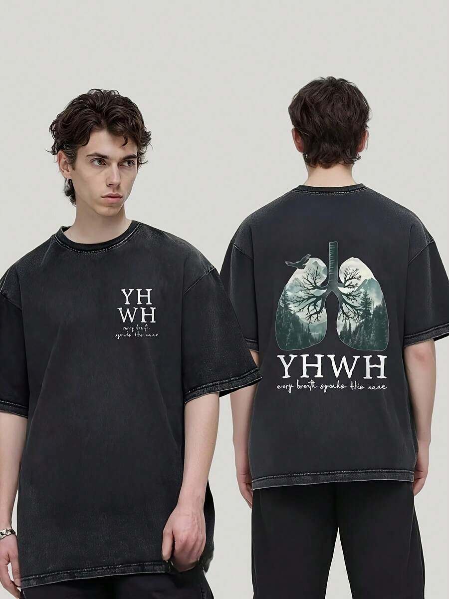 Camiseta de manga corta lavada para hombre YHWH con estampado de pulmones, camiseta casual holgada de color gris oscuro; diseño de patrón único, adecuada para uso diario - Camiseta unisex de algodón holgada de manga corta con cuello redondo de estilo vintage urbano. - Negro - Ver 1