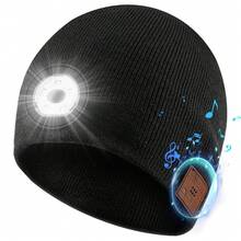 Wireless Beanie Hat With LED Light, Wireless Music Knitted Cap With Stereo Headphone, Hands Free Headlamp Cap With Headphones And Built-In Speaker Mic, For Running Hiking Jogging, Winter Accessories Cool Gadgets Gifts For Men Women Teen - 黑色 - 查看 9