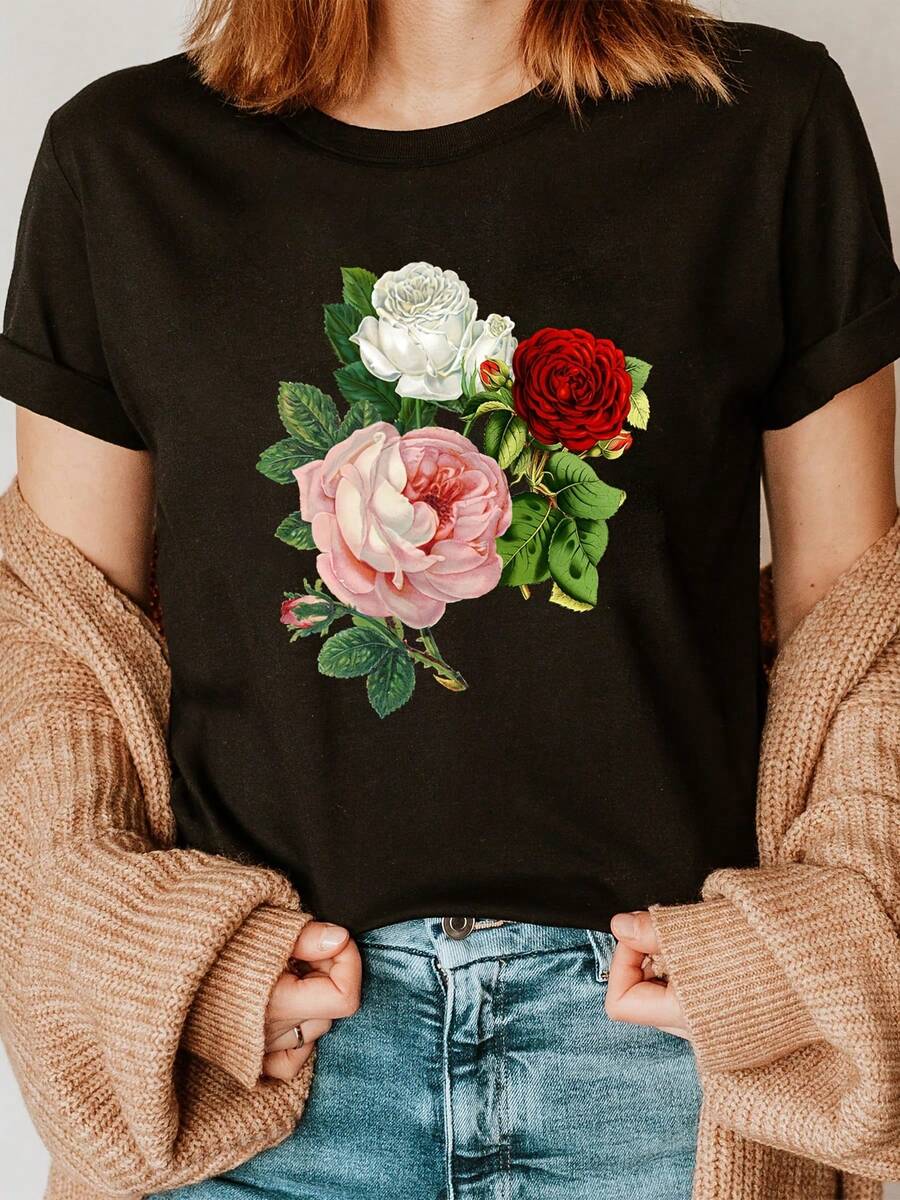 Camiseta de Mujer con Estampado Floral de Rosas Blancas - Manga Corta y Cuello Redondo, Casual con Flores Rojas y Rosadas, Tejido Ligero Transpirable, Lavable a Máquina, Material Semitransparente para Todas las Estaciones - Negro - Ver 1