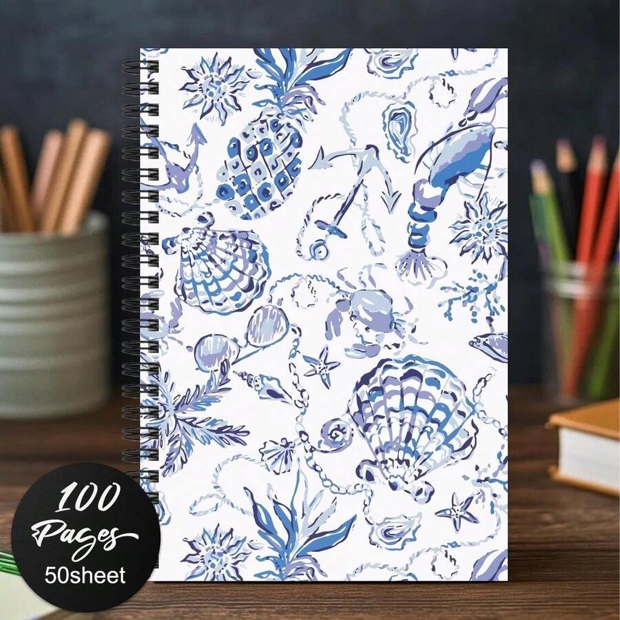 1 Peça Caderno com Espiral, com Design Temático de Oceano com Elementos de Abacaxi, Estrela-do-mar, Concha, Âncora, Caranguejo, Coral, Flores, Corrente e Camarão - Item Temático de Oceano Azul e Branco na Moda, Adequado para Uso no Escritório e na Escola