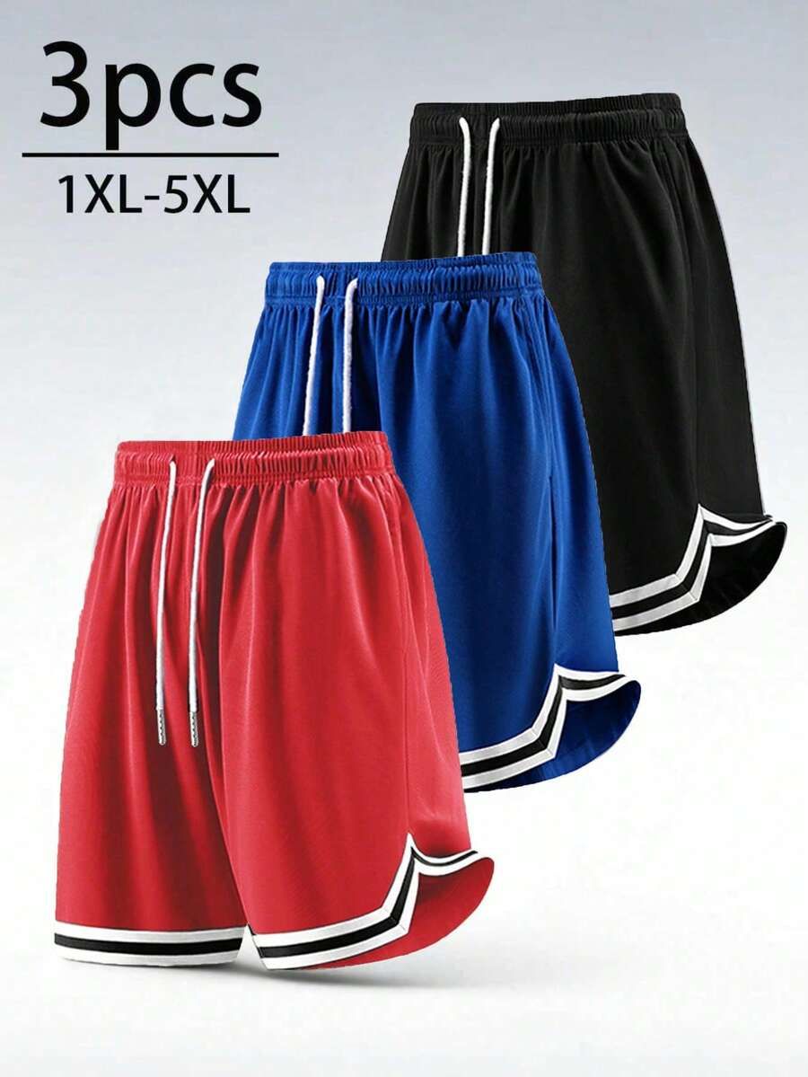 3pcs Plus Size Men's Summer Sports Basketball Shorts, Drawstring Elastic Mesh Quick-Dry Knee-Length Shorts - Multicolor - View 1