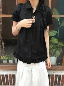 2025夏季新款韩版甜美青春花卉蕾丝拼接短袖上衣 黑色 - 黑色 - 查看 3
