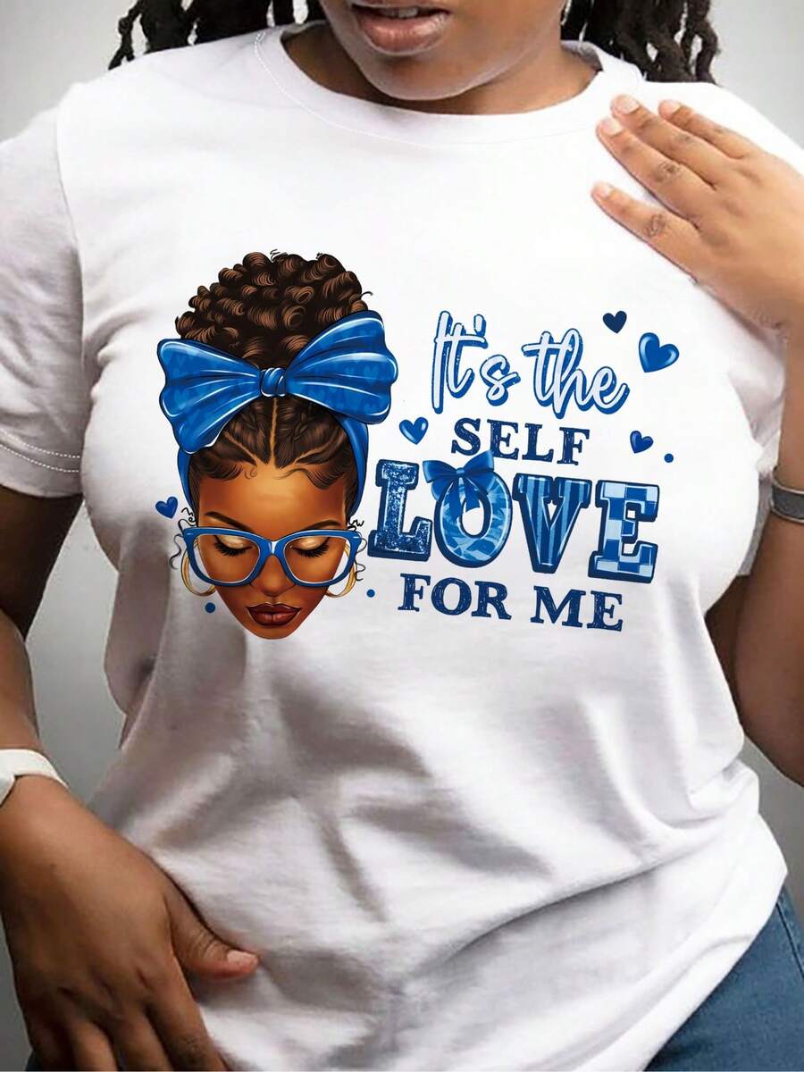 Camiseta Negra de Mujer Empoderadora con "Es el Amor Propio para Mí" y Estampado de Dibujos Animados - Cuello Redondo Transpirable, Manga Corta, Lavable a Máquina, Ajuste Regular para Atuendos Casuales, Uso en Primavera Verano Otoño - Blanco - Ver 1