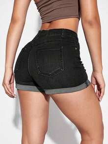 Shorts vaqueros casuales con bolsillos y puños para mujer - Negro 3 - Ver 2