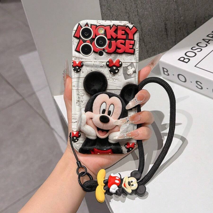 Disney Mickey Mouse Clubhouse Phone Case : 3D Fluffy Pattern Border Protector Phone Soft Phone Case With A Free Cute Mickey Bracelet Chain Lanyard, Mickey, Minnie, Goofy, Donald Duck, Daisy Duck, Pluto, For Apple 17 Promax 17 Pro 16 15 14 13 12 11 Pro Max XS Max X XR Soft Cover Summer Phone Case - trắng - Xem 1