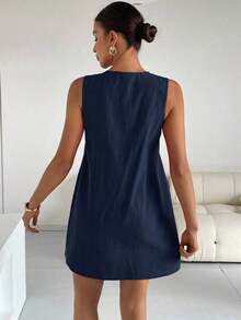Vestido corto casual y sencillo sin mangas con lazo frontal de unicolor para mujer - Azul marino - Ver 2