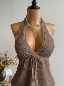 Conjunto de Playa Casual sin Espalda para Mujer, Estilo Bohemio, para Vacaciones, Festival de Música Hawaiana, Vacaciones Tropicales, Top Halter de Verano - Marrón Mocha - Ver 4