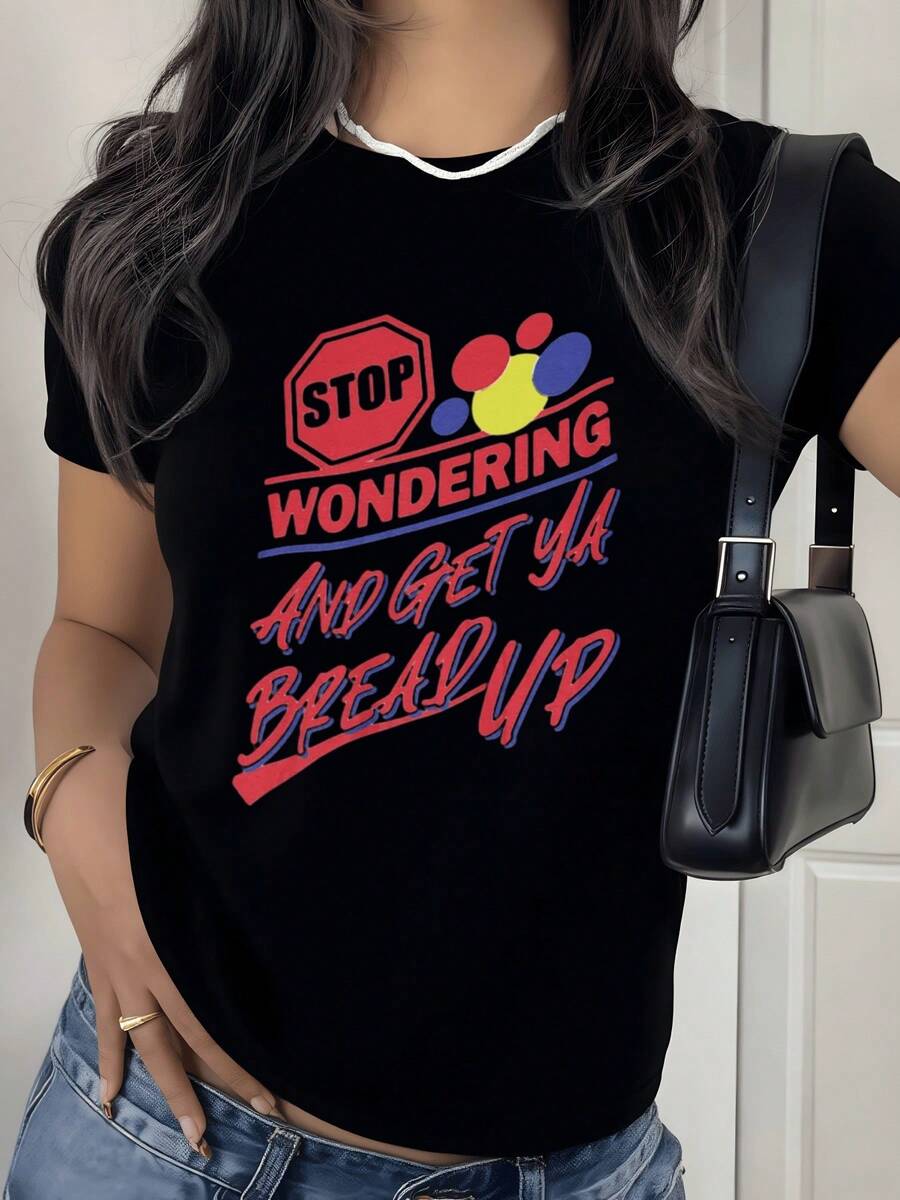 Motivational Phrase With A Stop Sign And Colorful Circles That Inspire Energy, Reminding You To Stop Doubting And Focus On Moving Forward With A Positive Attitude. Modern Casual Women's T-Shirt For Everyday Wear. - 黑色 - 查看 1