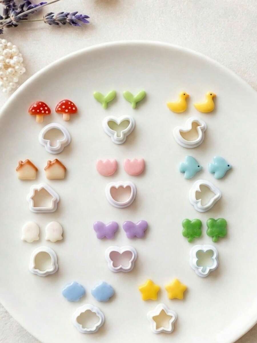 Mini Clay Cutters, Polymer Clay Molds For Cute Mushroom, Duck & Floral Earrings, Ideal For Kawaii, Whimsical & Cottagecore Style Jewelry, Great For Casual & Nature Inspired DIY Projects - White - View 1