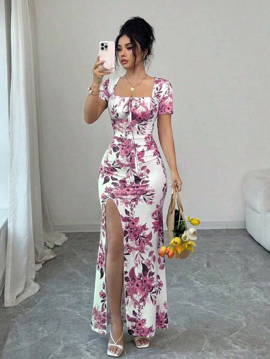 Vestido de verano de manga corta para mujer, vestido de vacaciones con estampado digital, vestido de playa y vacaciones con bajo con abertura, vestido largo con fruncido en la cintura - Rosa - Ver 1