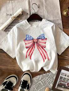 1 Pack Of Printed Short Sleeve Crew Neck T-Shirts For Girls, Casual Summer Clothes For Students And Young People - Unisex Urban Vintage Style, Loose Fit Cotton Crew Neck Short Sleeve T-Shirt - 白色 2 - 查看 7