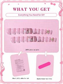 Sanrio Hello Kitty 24片長方形3D凝膠白色法式美甲假指甲，附可愛3D Hello Kitty、鑽石蝴蝶、金色花朵、水鑽與珍珠裝飾，粉色亮片設計，粉色甜美風，完美貼合假指甲套組，含1瓶膠水與1個指甲锉，適合女性與女孩日常配戴與派對使用 - 彩色 - 查看 4