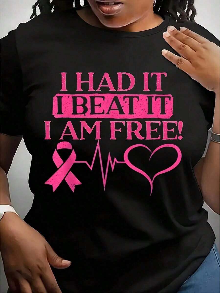 Breast Cancer Survivor T-Shirt For Women With Pink Ribbon And Heartbeat Design: I Had It, I Beat It, I'm Free. Inspirational Graphic T-Shirt For Breast Cancer Awareness Month., Maija, Stylish Short Sleeve For Women. - 黑色 - 查看 1