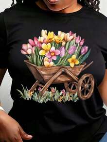 Playera Negra 100% Algodón con Estampado Acuarela Tulipanes en Carretilla, Camiseta Casual de Manga Corta para Mujeres, Ropa de Calle Estilo Jardinería y Naturaleza, Top Suave Transpirable para Uso Diario y Salidas, Talla Grande Disponible - Negro - Ver 7