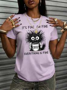 Women's Short-Sleeved T-Shirt With A Round Neck And Simple Slogan Print, Casual Summer Style, Loose Fit, Ideal For Everyday Wear And Holidays. Women's T-Shirt. - 淡紫色 - 查看 2