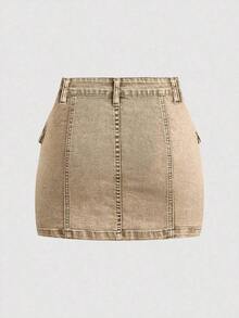 Minifalda de mezclilla cargo con bolsillo tipo flip de moda callejera casual de verano para mujeres - Caqui - Ver 2