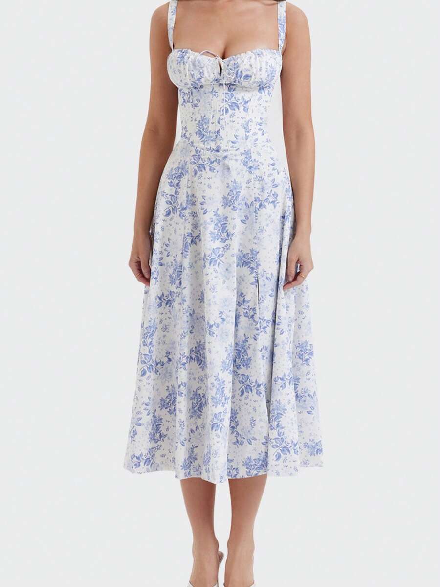 French-Style Long Strapless Dress With Soft Flowers - Maroon - View 1