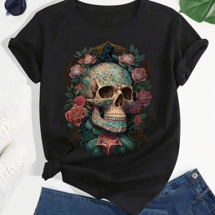 Camiseta de Mujer con Estampado de Dibujos Animados de Letras a la Moda, Cuello Redondo, Diseño Sencillo, Cómoda y Transpirable, Versátil y Esencial, Ideal para el Uso Diario y Ocio, Mostrando un Estilo Natural y Elegante, un Imprescindible para Fiestas de Verano, Entrega Local - Negro - Ver 1