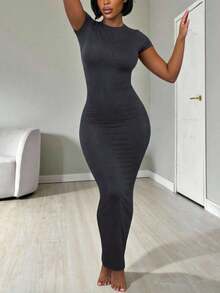Vestido casual de mujer de unicolor y ajuste ceñido, para verano - Gris Oscuro - Ver 5