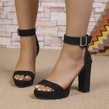 Solid Color Thick Sole Chunky Heel Women's Sandals, New Summer Strap Buckle, Suede Closed Heel High Heel Open Toe Shoes, Suitable For Dresses In Dates And Parties - Black - View 9