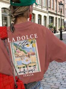 New Women's Summer T-Shirt, Casual, Colorful, With Letter And Oil Painting Print, Round Neck, Short Sleeve, Pink, Versatile And Fashionable, Suitable For Women's Tops, Leisure On Holidays And Spring Break, Black - 磚紅色 - 查看 5